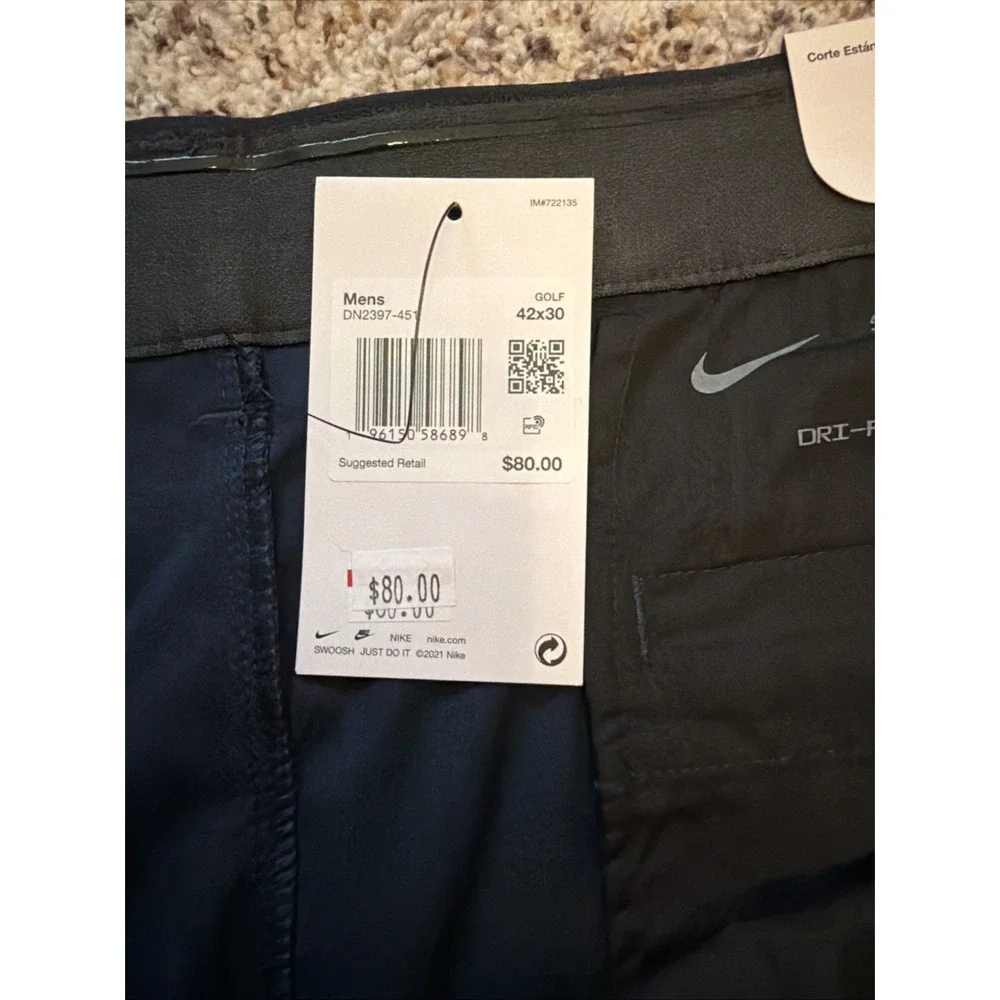 Nike NEW Straight Leg Dri Fit Blue Elastic Waist Pants Mens Sz 42x30 Hemmed